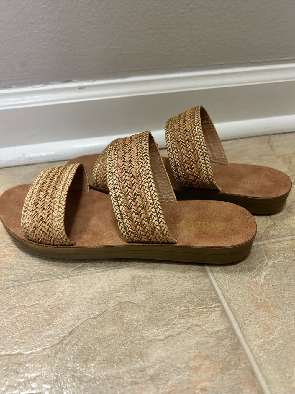 BAMBOO Woven Double-Strap Slide Sandals in Tan